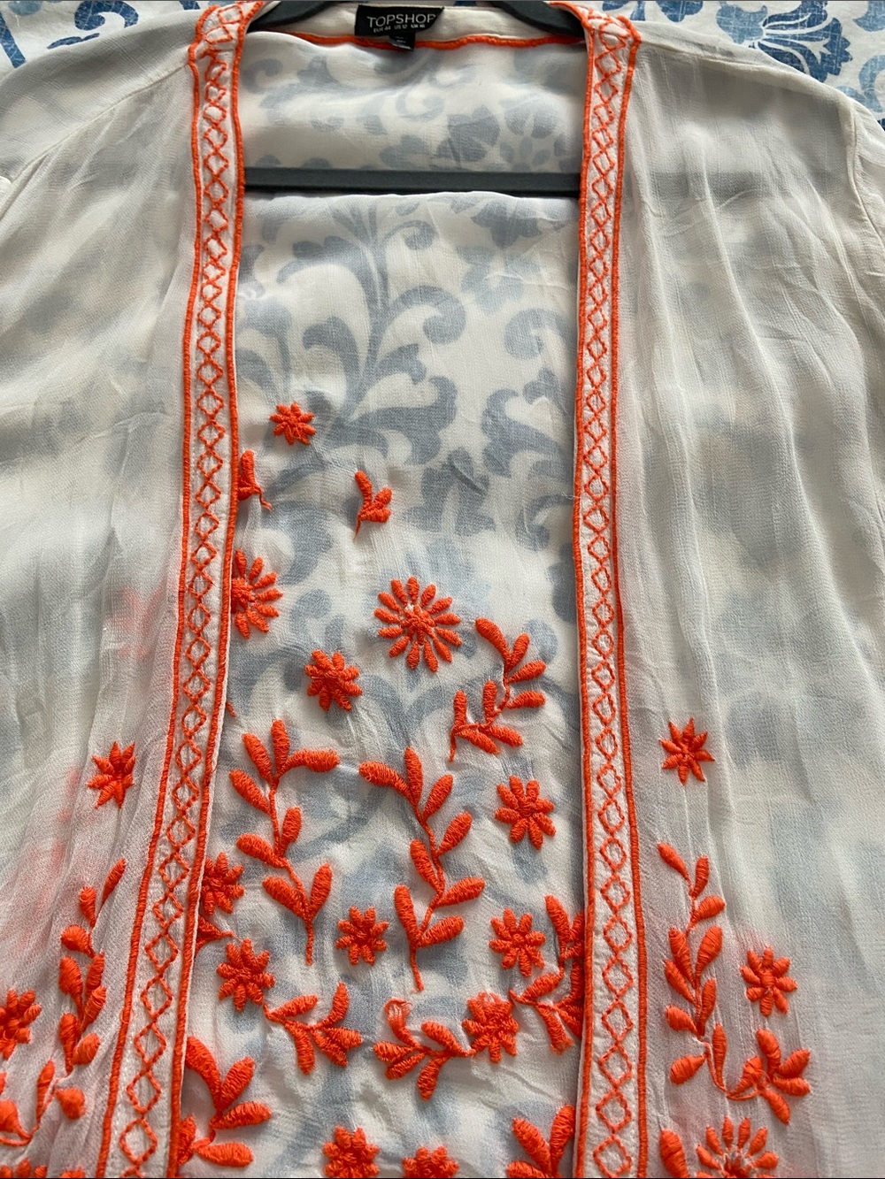 Topshop Ivory Sheer Kimono with Neon Orange Floral Embroidery